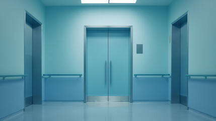 Modern, clean hospital corridor with closed elevator doors.