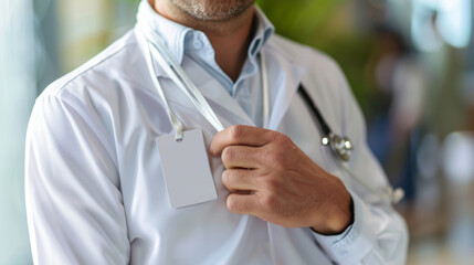 Healthcare professional with stethoscope and identification badge.