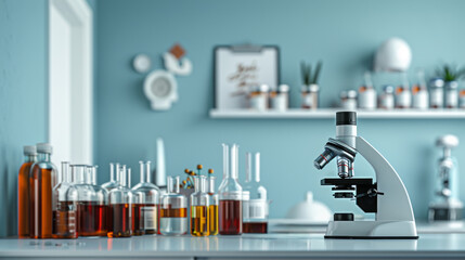 Laboratory Setup with Test Tubes and Microscopes in Hospital