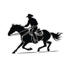 Silhouette of a cowboy riding a horse. Black and white vector illustration.