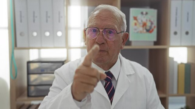 Elderly man in a white lab coat and tie gesturing and smiling inside a well-organized clinic office with shelves and file binders in the background perfect for a veterinary or medical setting.