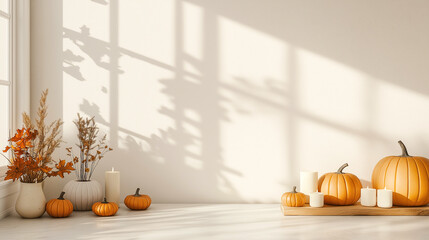 Minimali autumn interior with empty mockup wall, pumpkins and candles in sunlit room