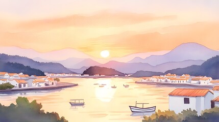 Sunset over a coastal town, the sky ablaze in shades of orange and pink, boats in the harbor casting long shadows on the water, delicate watercolor brushstrokes