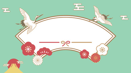 レトロモダンな和風の背景イラストバナーテンプレート素材　ベクター　テキスト無し　富士山　鶴　梅　松