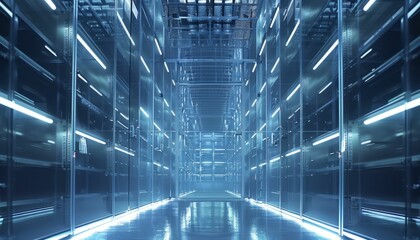 Futuristic glass server room with bright lights