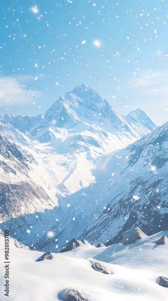 Poster Beautiful snow-covered mountains against the blue sky. Panoramic view of a winter landscape in the highlands