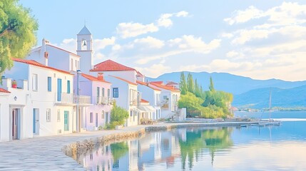 Coastal village with pastel-colored homes and whitewashed buildings, basking in soft watercolor light with a picturesque shoreline