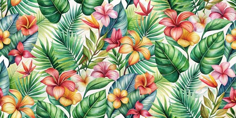 Seamless tropical floral pattern with watercolor design, tropical, floral, seamless, pattern, watercolor, vibrant