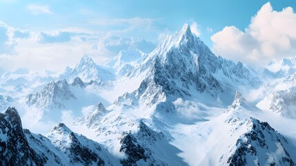 Obraz premium Beautiful snow-covered mountains against the blue sky. Panoramic view of a winter landscape in the highlands