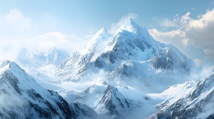 Beautiful snow-covered mountains against the blue sky. Panoramic view of a winter landscape in the highlands