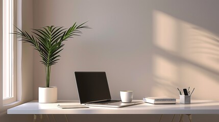 Minimalist Home Office Desk with Laptop, Notebook, Coffee Mug, and Plant in Sunlight - Perfect for Remote Work and Productivity