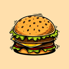 big colored double cheese burger isolated design vector vintage style hand draw