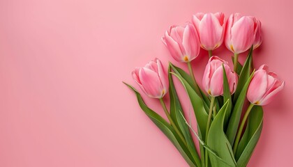 Fototapeta premium Pink tulips bouquet on a pink background