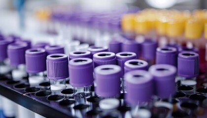 Closeup of purple and yellow medical test tubes in a laboratory rack