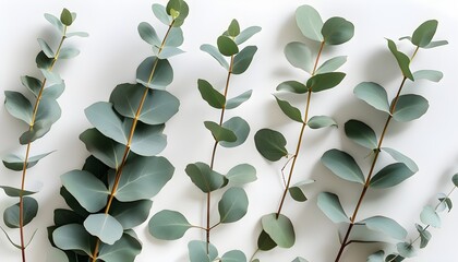 Eucalyptus Leaves and Branches Pattern on White Background with Clean Flat Lay Aesthetic