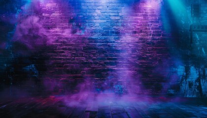 Blue and purple neon lights illuminate a brick wall and wooden floor in a dark room with smoke in the air