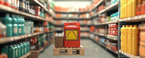 Cautionary Food Aisle: Surreal Depiction of Chemical Warnings on Food Packaging for Consumer Awareness