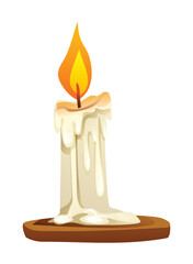 Melting candle with flame sitting on a wooden base. Vector cartoon illustration