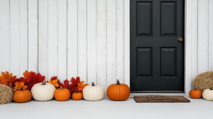 A welcoming porch decorated with vibrant pumpkins and autumn leaves, featuring a dark door against a light wooden backdrop.