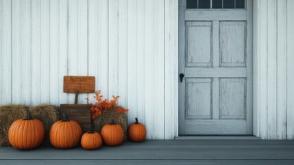 A cozy entrance featuring a rustic door, pumpkins, and autumn foliage, evoking the warmth of fall.