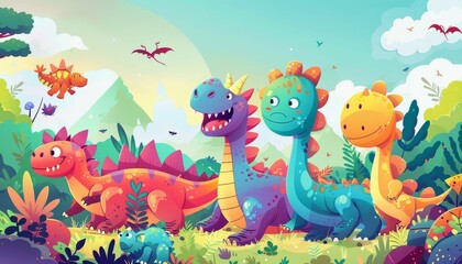 Playful Dinosaur Friends in a Whimsical Prehistoric Landscape
