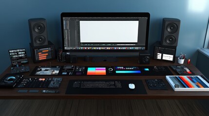 Obraz premium A modern workspace featuring a computer, audio equipment, and design tools for creative tasks.