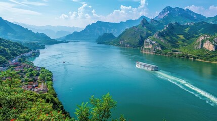 Obraz premium river in Asia and has witnessed China's long history. It passes through spectacular mountainous landscapes, verdant valleys and thriving cities