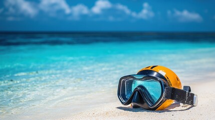A snorkel mask resting on the sandy beach by the clear turquoise water.