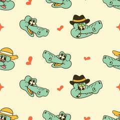 seamless pattern of cute cartoon crocodile heads in retro style