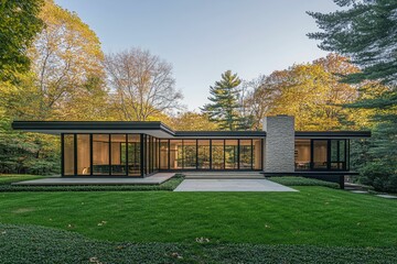 Obraz premium Modern house surrounded by greenery and trees.