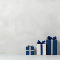 Hanukkah gifts wrapped in blue and silver, festive ribbons, 3D illustration