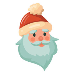 Santa Claus head in red hat and beard. Vector isolated on white background. Cartoon style illustration.