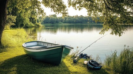 A tranquil lakeside scene featuring a boat, fishing gear, and lush greenery.