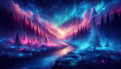 Obraz premium Colorful Landscape, Neon Light, Nature Background