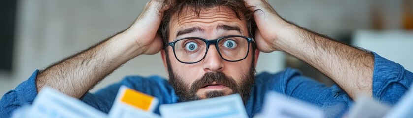 Obraz premium A stressed man surrounded by paperwork, expressing anxiety and overwhelm in a home office setting.