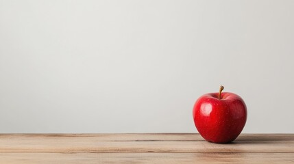 A vibrant red apple rests on a wooden surface, set against a neutral background, conveying simplicity and natural beauty.