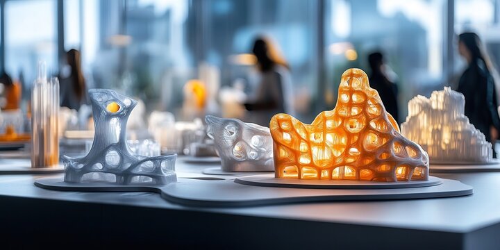 Futuristic architectural models showcased in a modern exhibition with blurred people in the background.