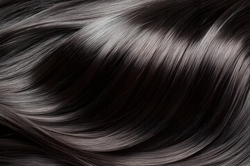 An ultra close up of sleek glossy black hair with subtle light reflections showcasing the smooth well conditioned strands with a healthy shine and soft silky texture
