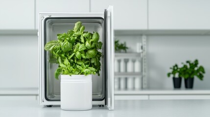 Fototapeta premium Fresh green basil in a pot inside a modern refrigerator, showcasing healthy food storage in a stylish kitchen environment.