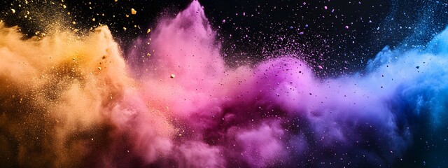 Black background, colorful powder explosion, colorful dust particles flying in the air, colorful cloud of colored sand and color powder exploding into many pieces,