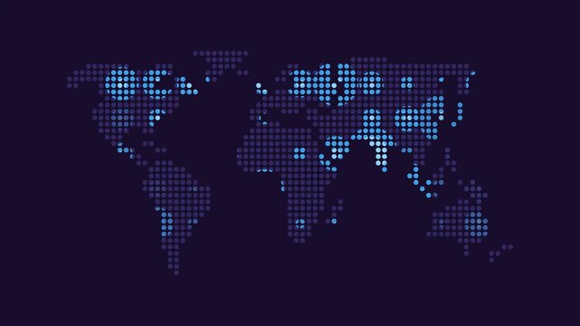 Demographic map animation. Demography animated element. Scaling circles, moving. Worldmap dots. Population infographic. Isolated illustration on dark background. Transition alpha video. Motion graphic