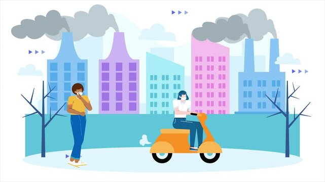 two people wearing masks in a polluted cityscape highlighting urban air pollution issues and the importance of protective measures in modern cities illustration animated video