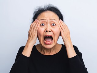 Older Asian woman looking horrified, with mouth agape and hands to her temples, pure white background, capturing intense emotion
