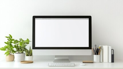 Fototapeta premium A minimalist workspace featuring a computer, plants, and organized supplies.