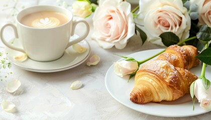 Delicate morning composition with coffee and croissants among white roses