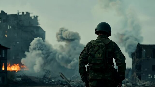A soldier in a dirty uniform looks at destroyed burning houses. Alone amidst the charred remains, the soldier stands as a silent sentinel, his heart heavy with the burden of what he has seen.