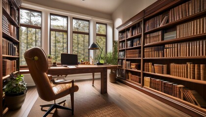 Elegant Study Room with Wooden Desk, Bookshelves, and Armchair in a Cozy Home Library Setting