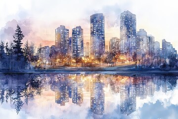 Fototapeta premium A stunning watercolor cityscape at sunset, reflecting vibrant lights and serene water, perfect for urban art enthusiasts.