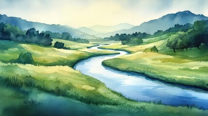 Naklejka premium Serene landscape featuring a winding river surrounded by lush greenery and gentle hills under a tranquil sky.