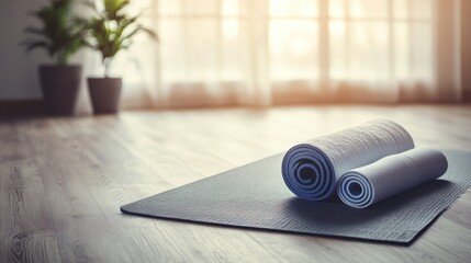 Two rolled yoga mats on a wooden floor, with plants and natural light in the background.